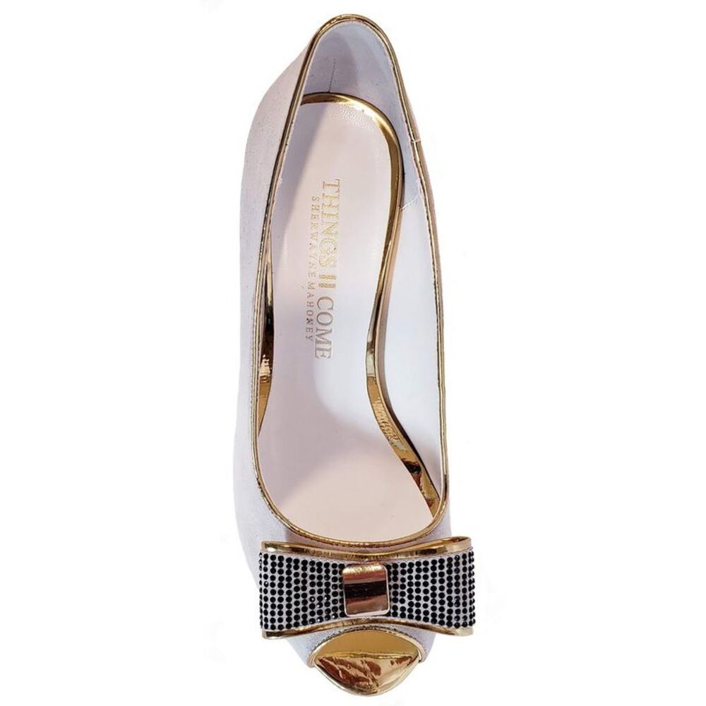 Blush Pink Suede Peep-Toe Platform Heel with Gold Bow Trim - Picture 2 of 6